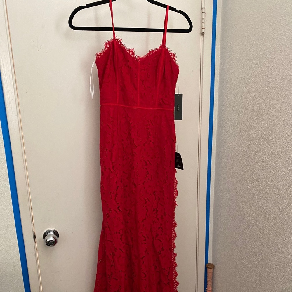 Red lace maxi dress w slit